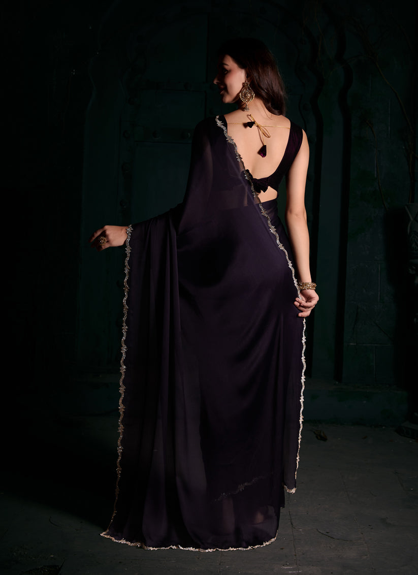 Plum Pure Satin Chiffon Party Wear Saree