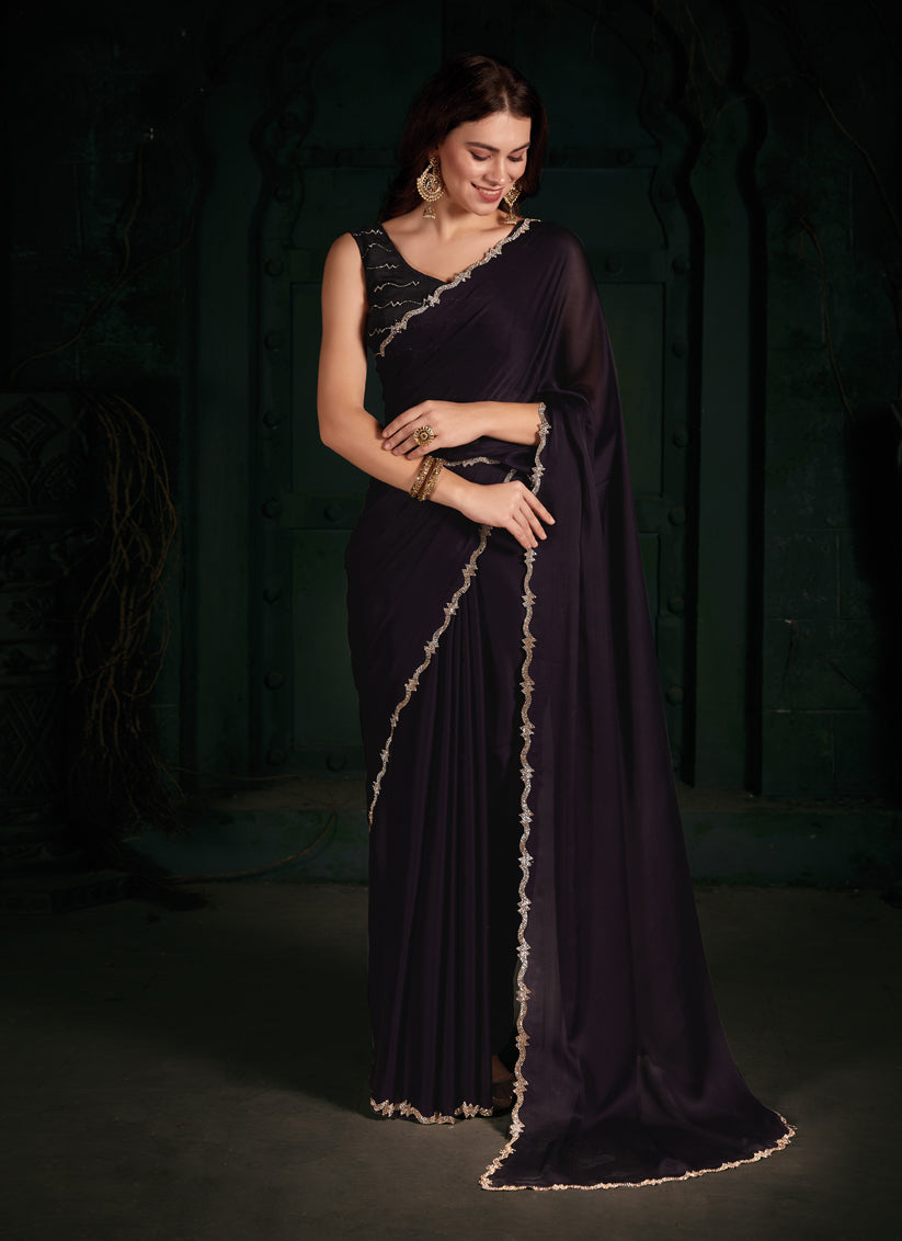 Plum Pure Satin Chiffon Party Wear Saree