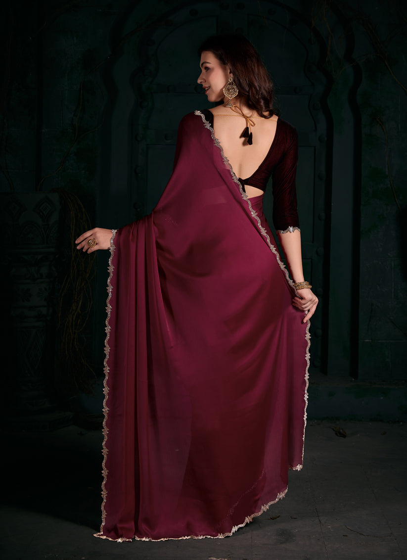 Raspberry Pink Pure Satin Chiffon Party Wear Saree