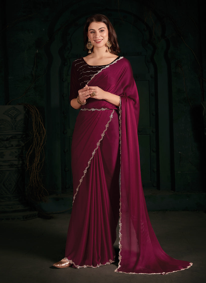 Raspberry Pink Pure Satin Chiffon Party Wear Saree