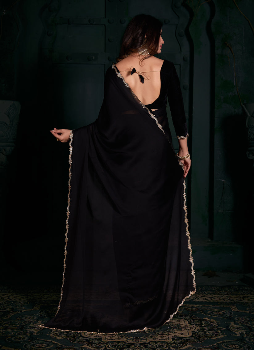 Black Pure Satin Chiffon Party Wear Saree