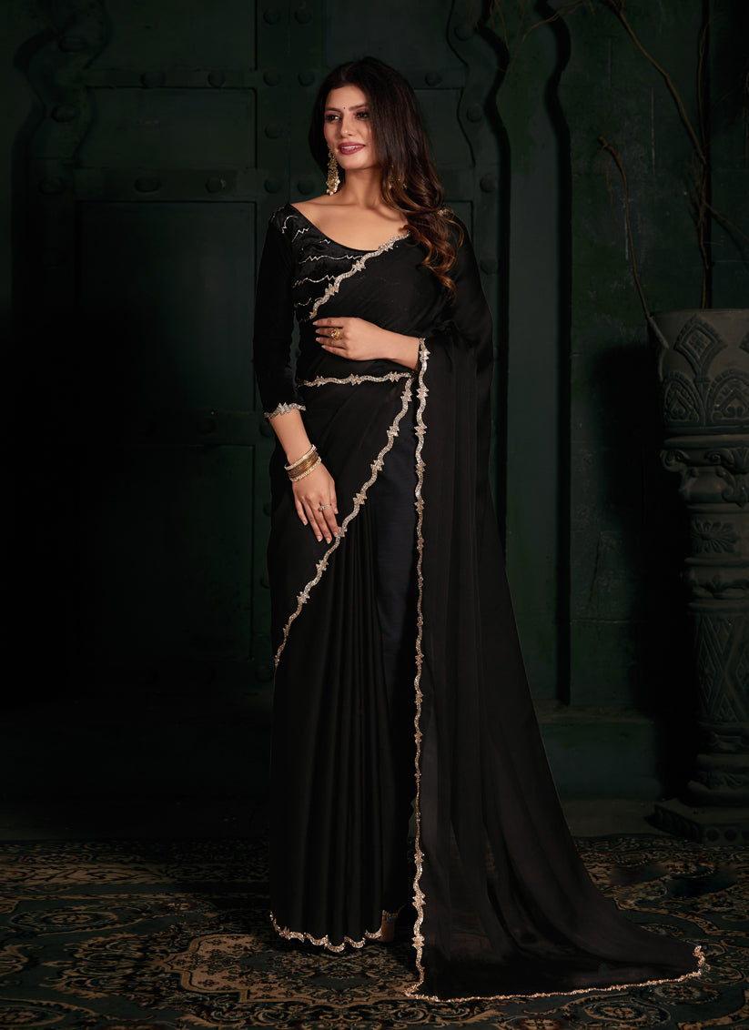 Black Pure Satin Chiffon Party Wear Saree