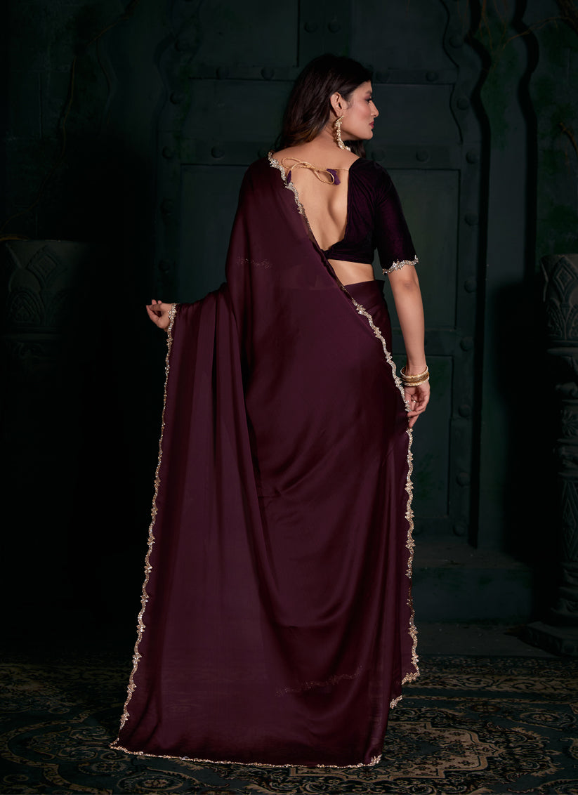 Wine Pure Satin Chiffon Party Wear Saree