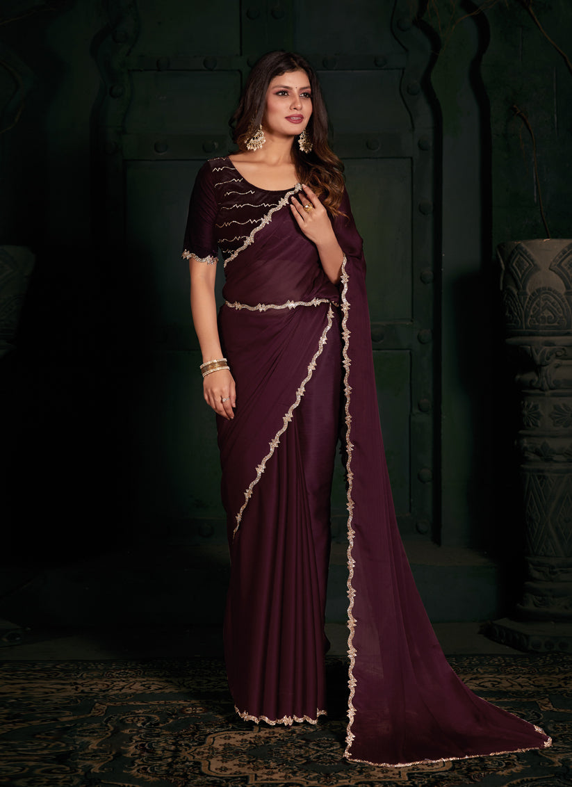 Wine Pure Satin Chiffon Party Wear Saree