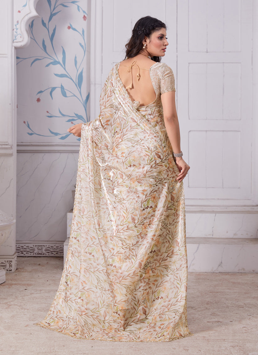 Cream Embellished Party Wear Saree