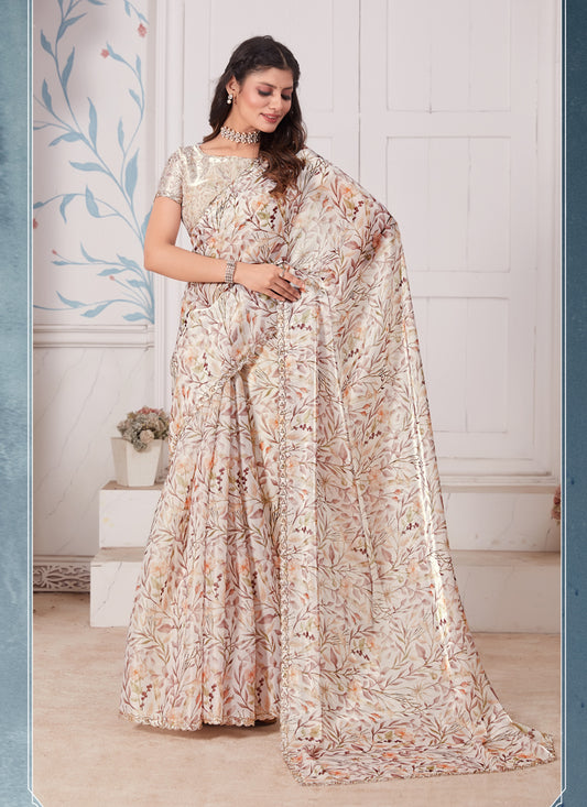 Cream Embellished Party Wear Saree