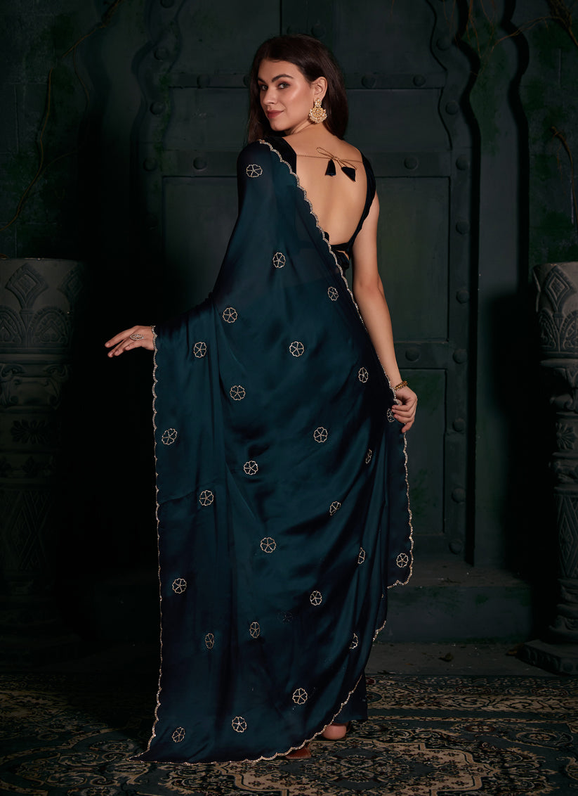 Peacock Blue Pure Satin Georgette Party Wear Saree
