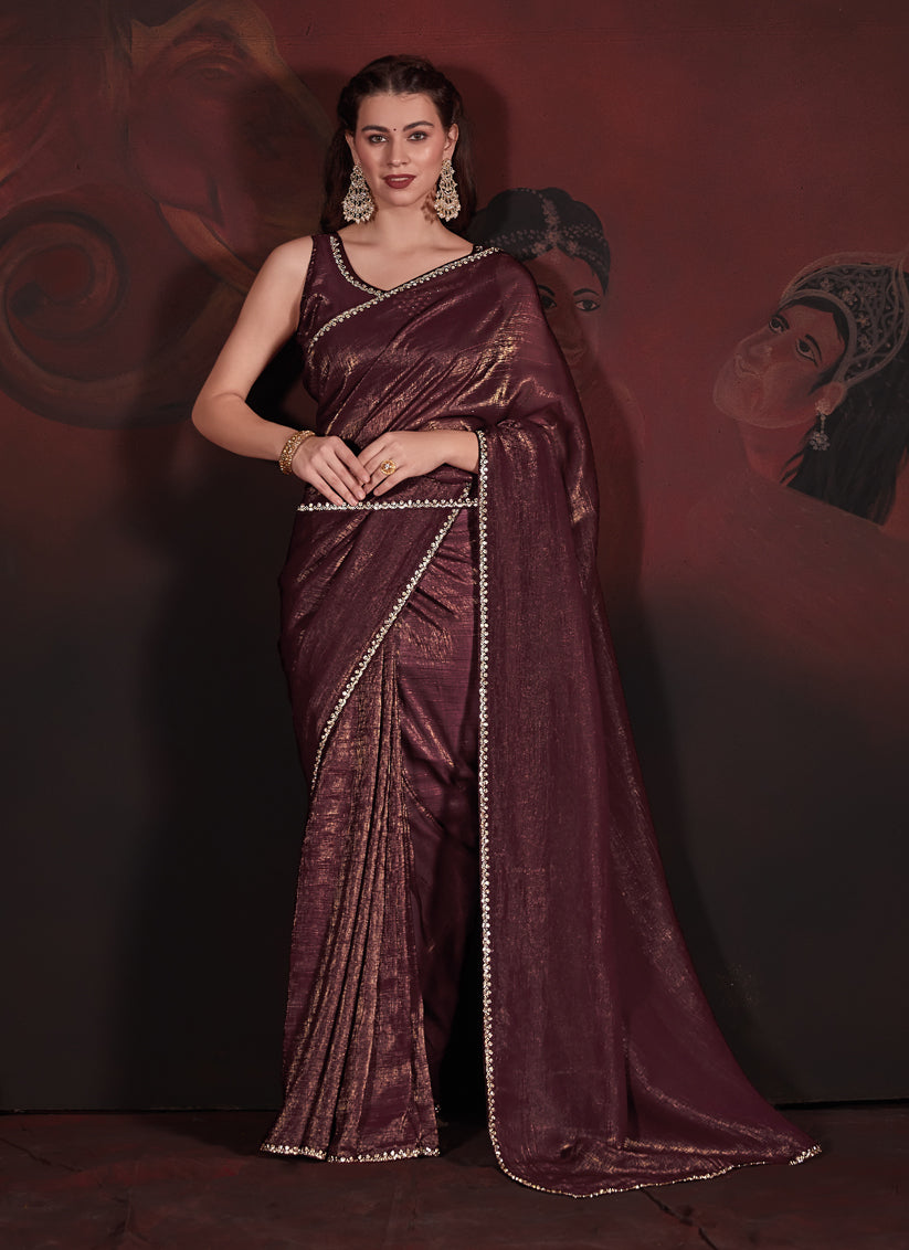 Coffee Brown Embellished Crushed Zari Fabric Saree