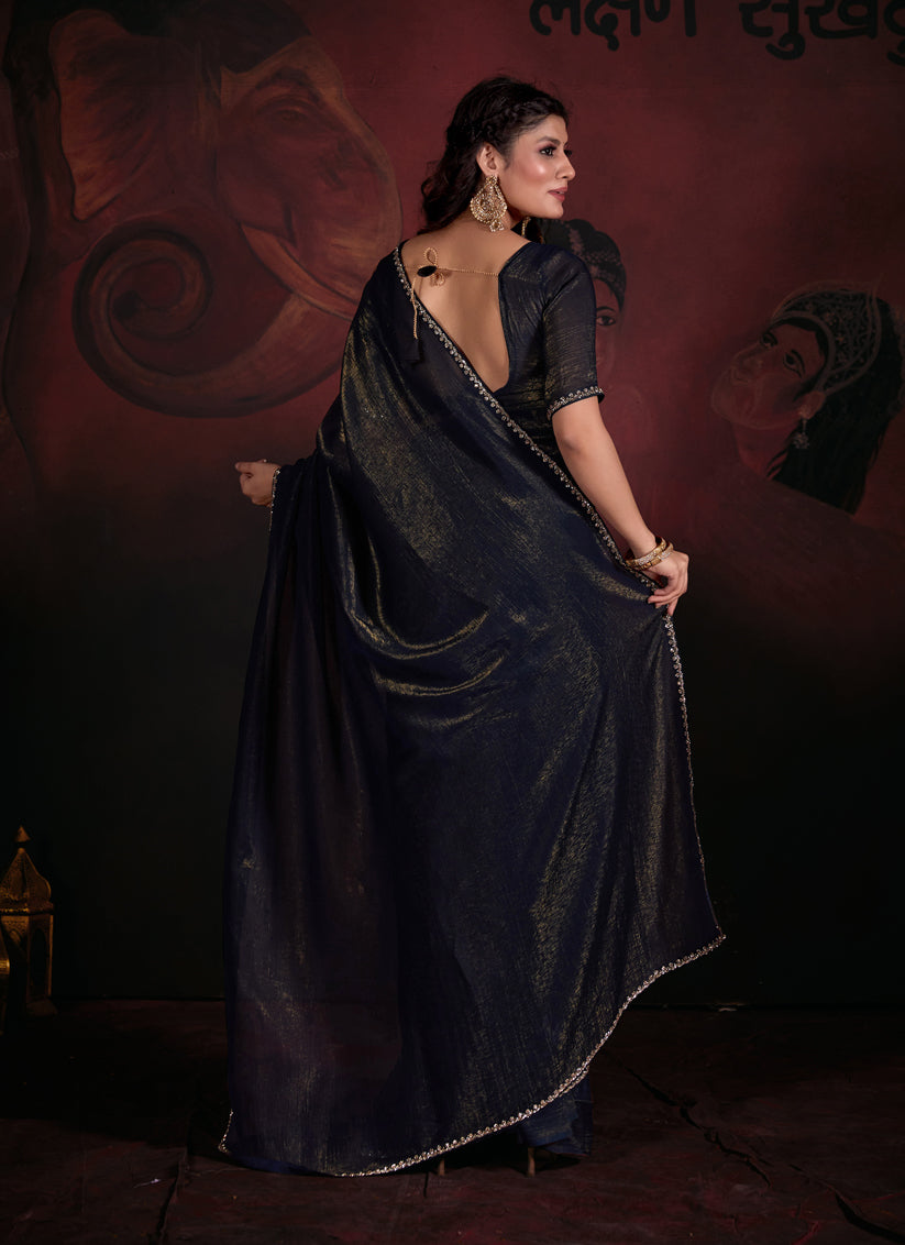 Midnight Blue Embellished Crushed Zari Fabric Saree