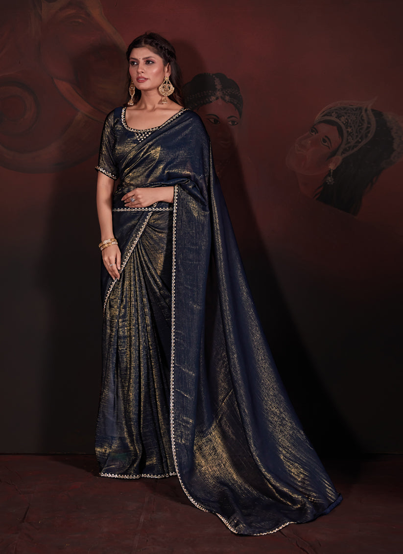 Midnight Blue Embellished Crushed Zari Fabric Saree