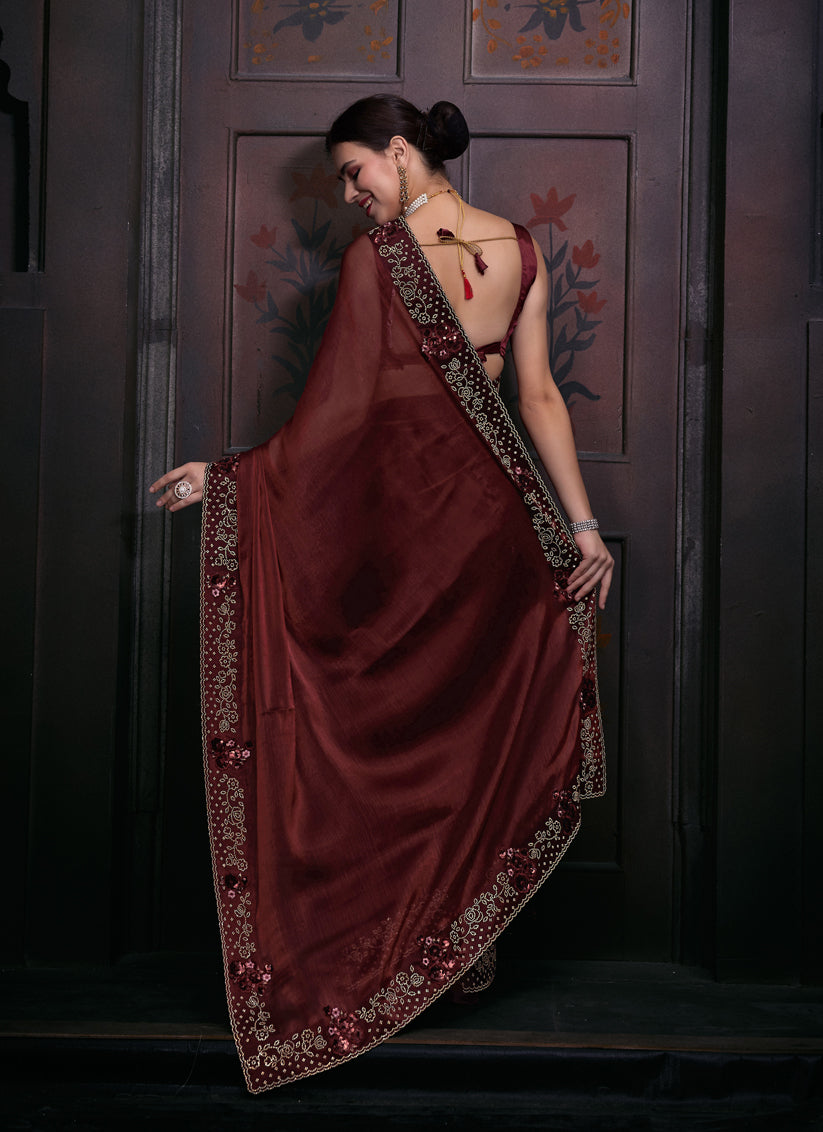 Chocolate Brown Embellished Silk Designer Saree for Wedding