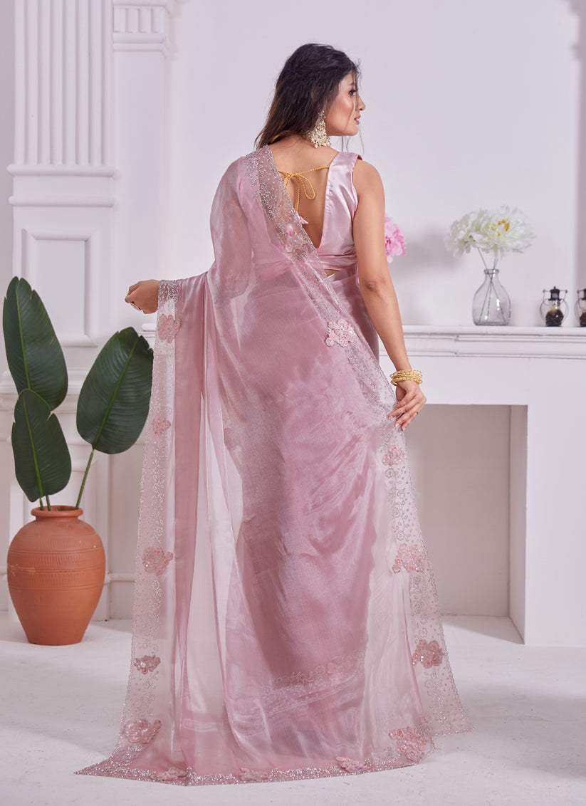 Blush Pink Embellished Silk Designer Saree