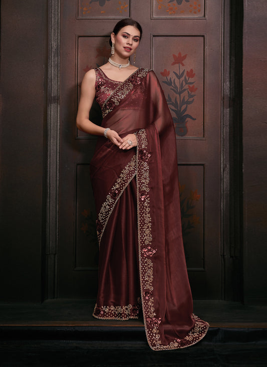 Chocolate Brown Embellished Silk Designer Saree for Wedding