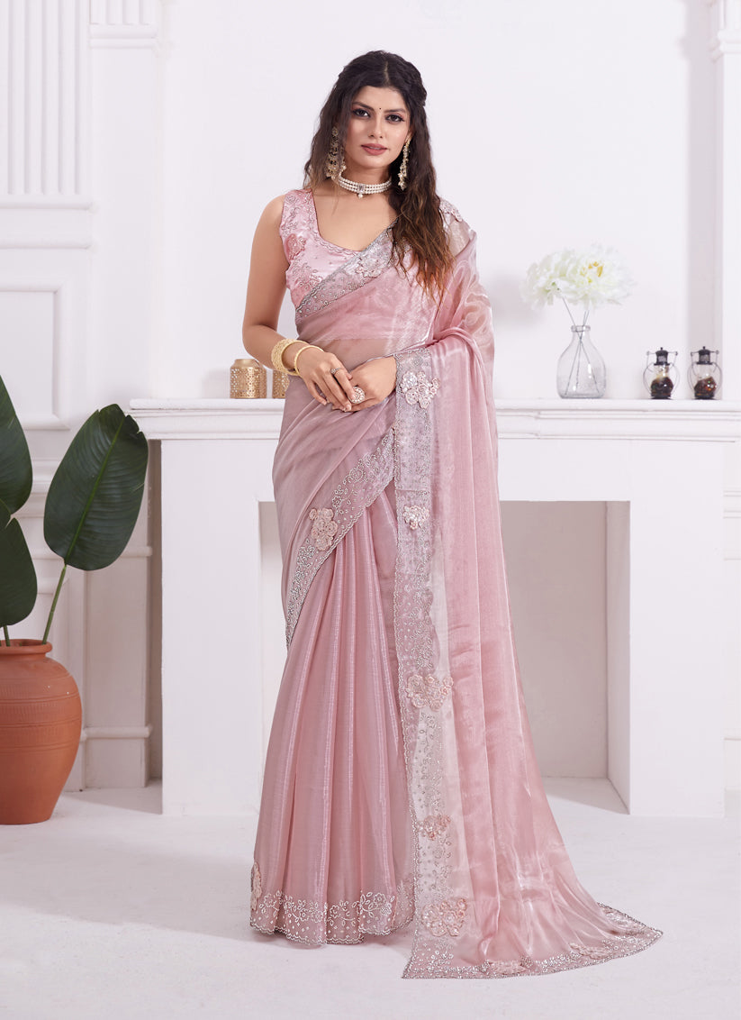 Blush Pink Embellished Silk Designer Saree