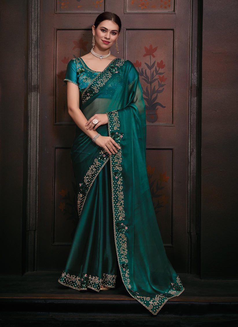 Pine Green Embellished Silk Designer Saree for Ceremonial