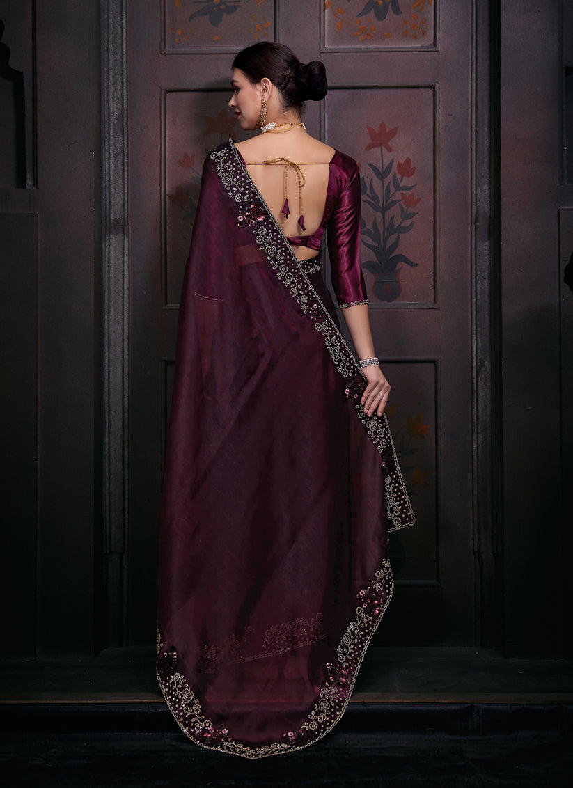 Burgundy Embellished Silk Designer Saree for Wedding