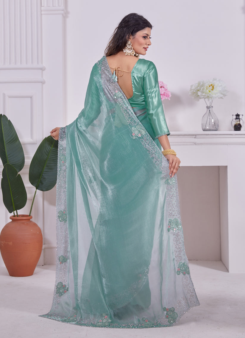 Teal Mint Embellished Silk Designer Saree