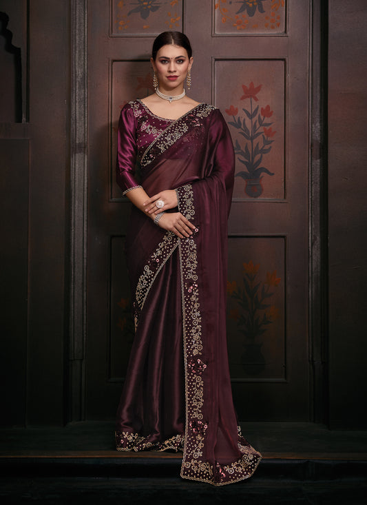 Burgundy Embellished Silk Designer Saree for Wedding