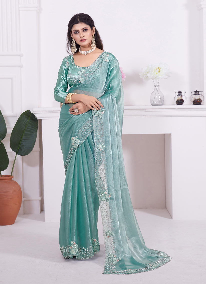 Teal Mint Embellished Silk Designer Saree