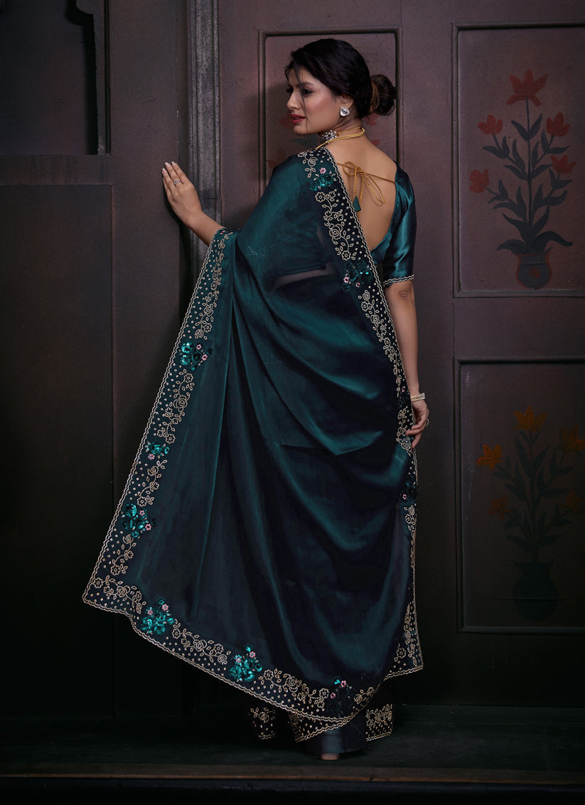 Peacock Blue Embellished Silk Designer Saree for Ceremonial