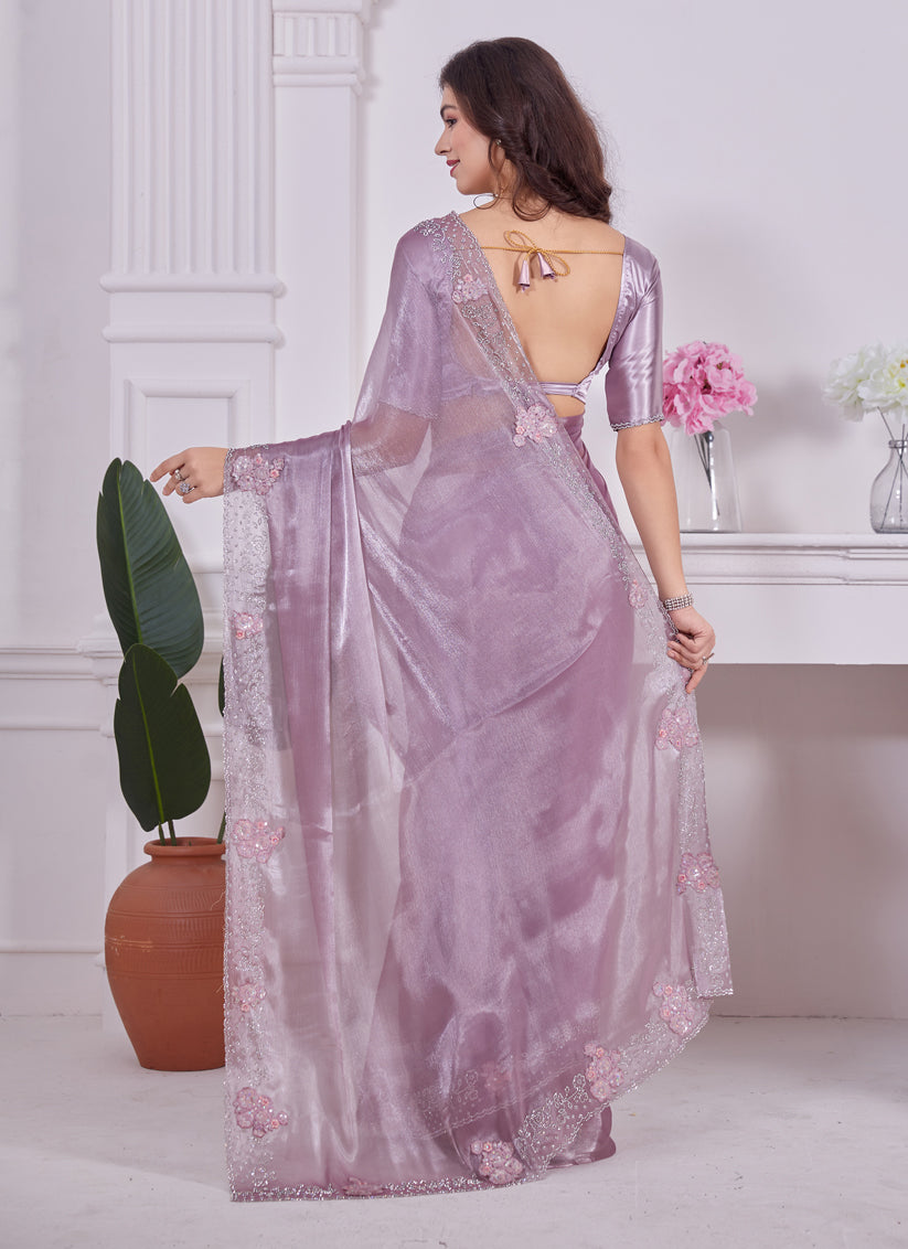 Lilac Pink Embellished Silk Designer Saree