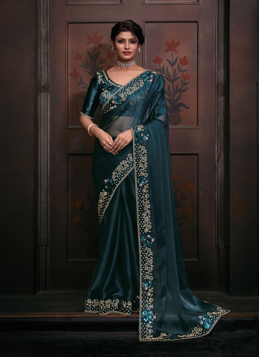 Peacock Blue Embellished Silk Designer Saree for Ceremonial