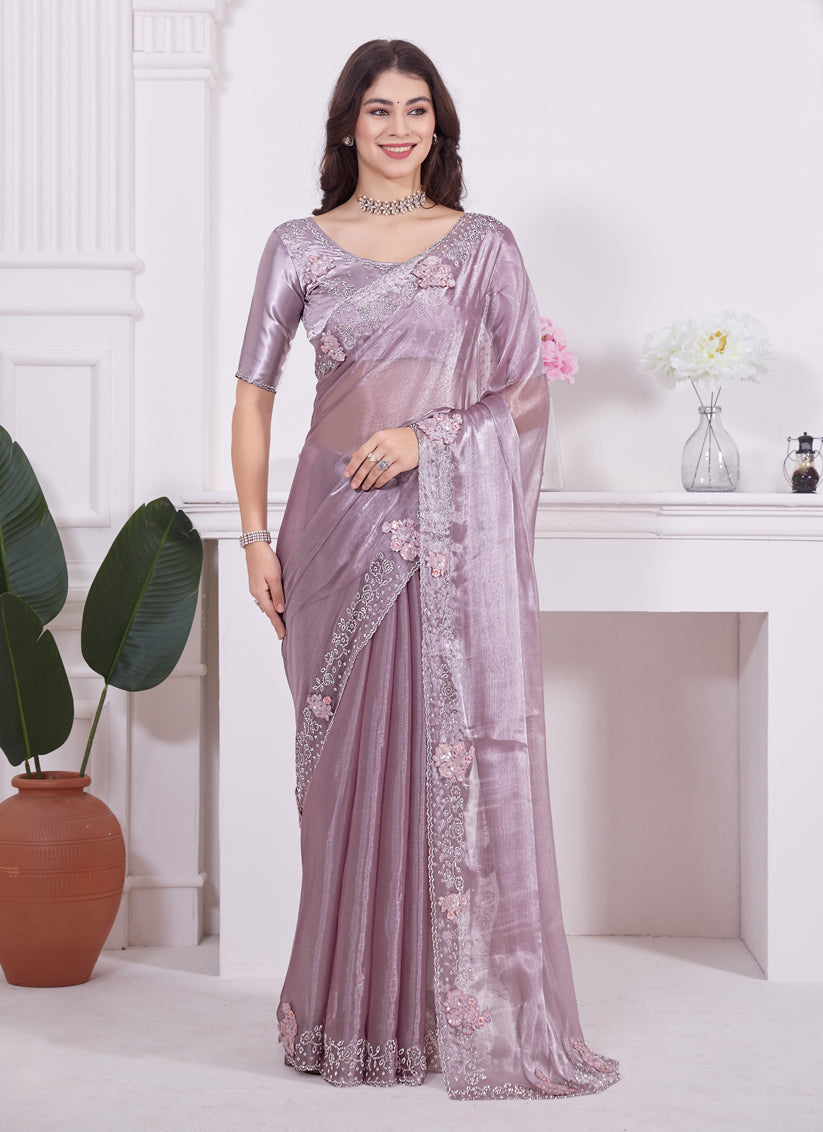 Lilac Pink Embellished Silk Designer Saree