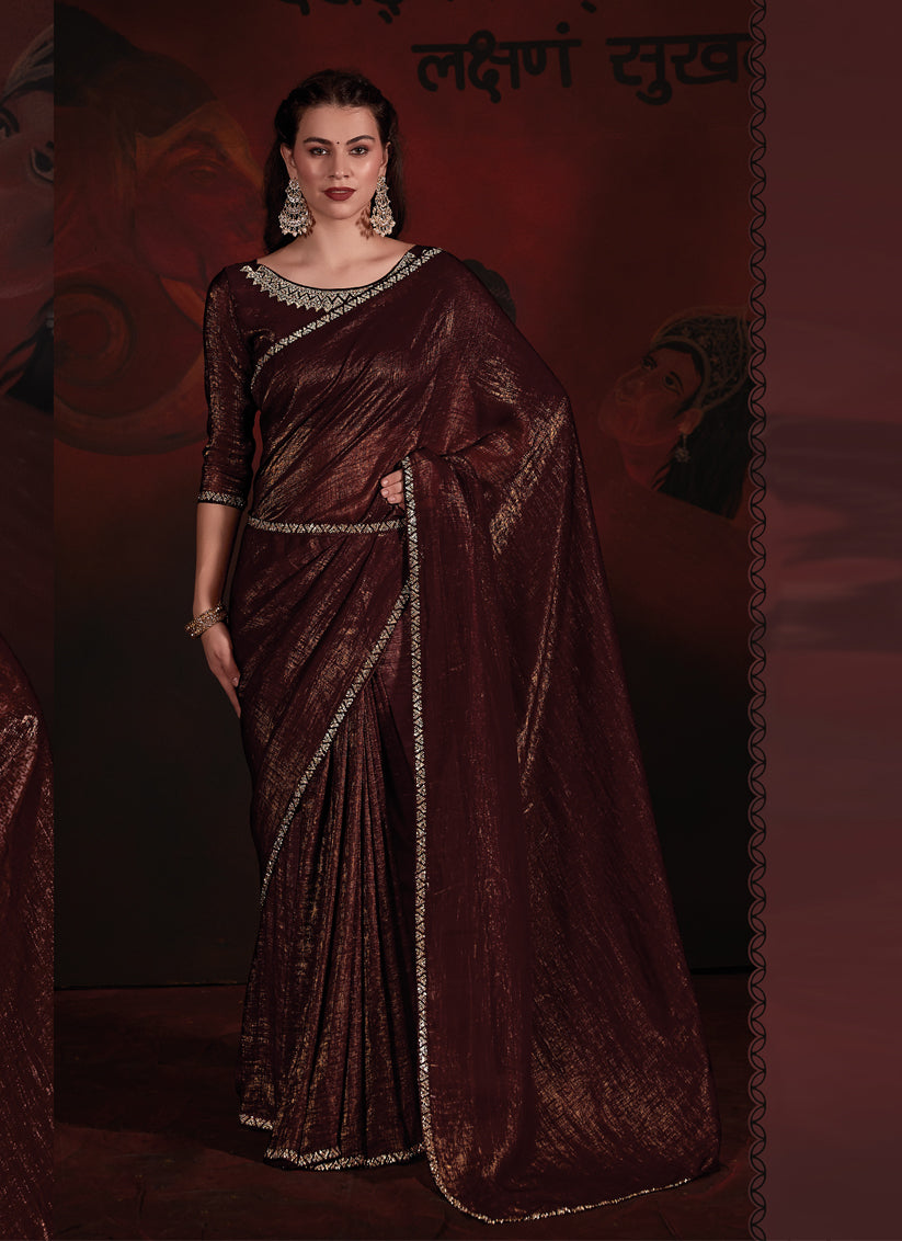 Coffee Brown Embellished Crushed Effect Zari Fabric Saree