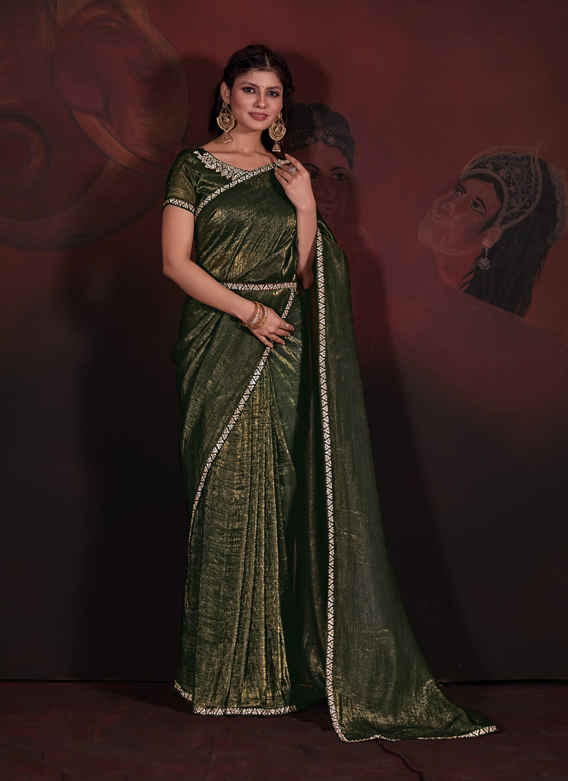 Moss Green Embellished Crushed Effect Zari Fabric Saree