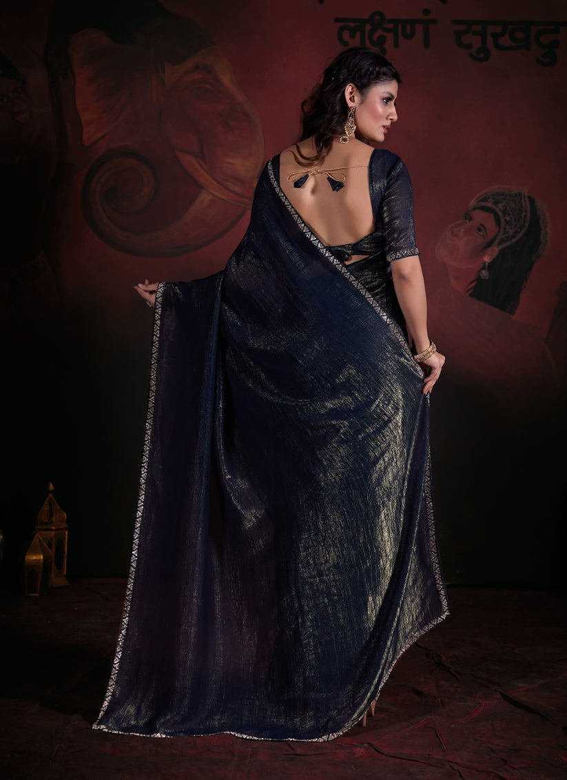 Peacock Blue Embellished Crushed Effect Zari Fabric Saree