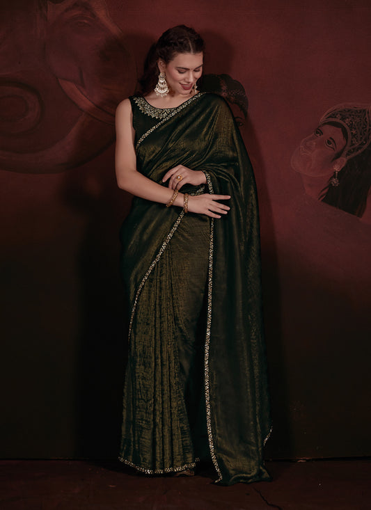 Mehendi Green Embellished Crushed Effect Zari Fabric Saree