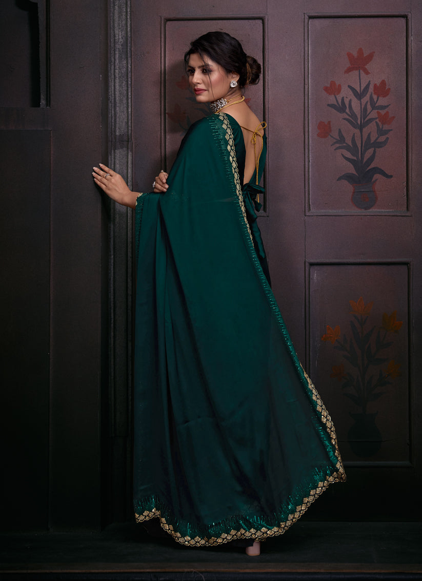 Rama Green Embellished Satin Georgette Saree