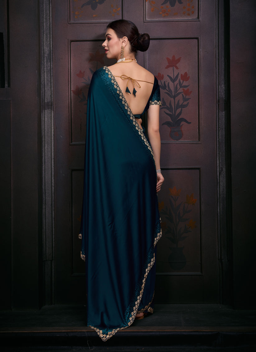 Peacock Blue Embellished Satin Georgette Saree