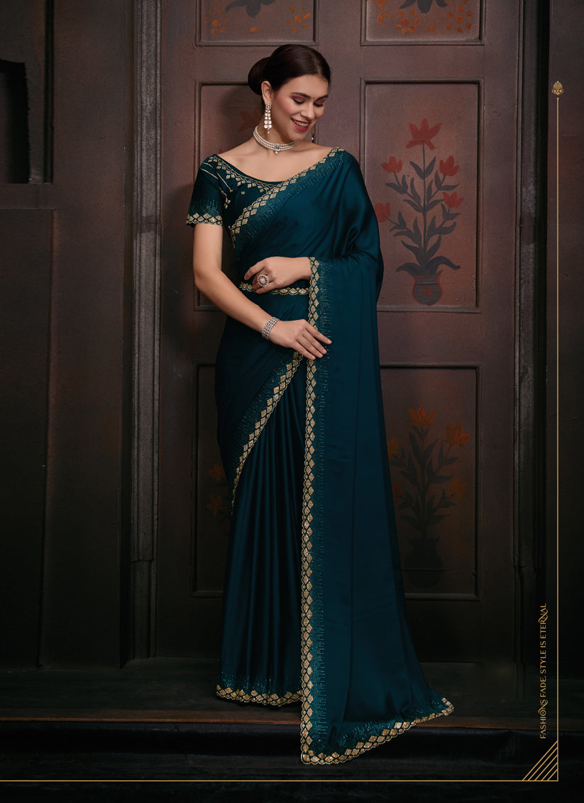 Peacock Blue Embellished Satin Georgette Saree