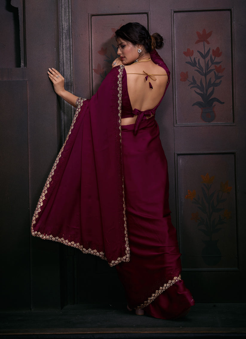 Wine Embellished Satin Georgette Saree