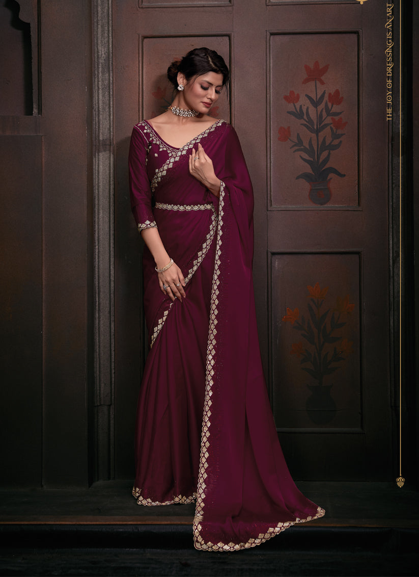 Wine Embellished Satin Georgette Saree