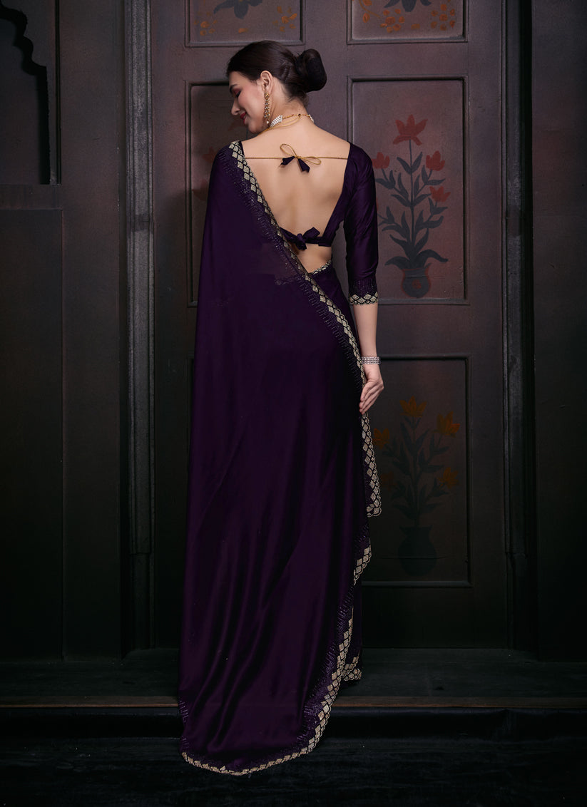 Eggplant Embellished Satin Georgette Saree