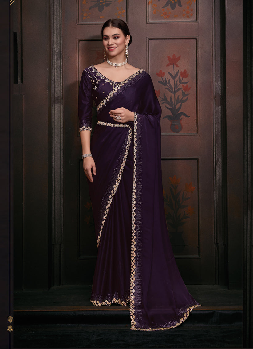 Eggplant Embellished Satin Georgette Saree