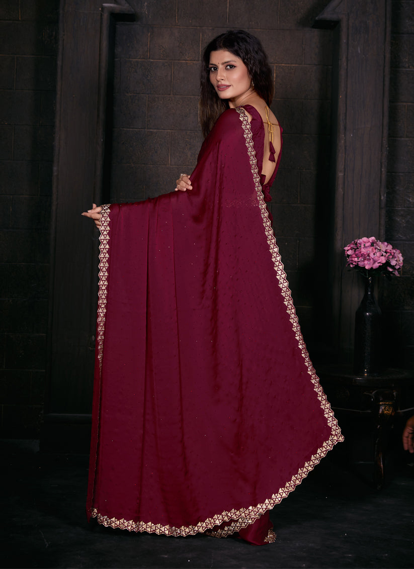 Wine Embellished Satin Georgette Saree