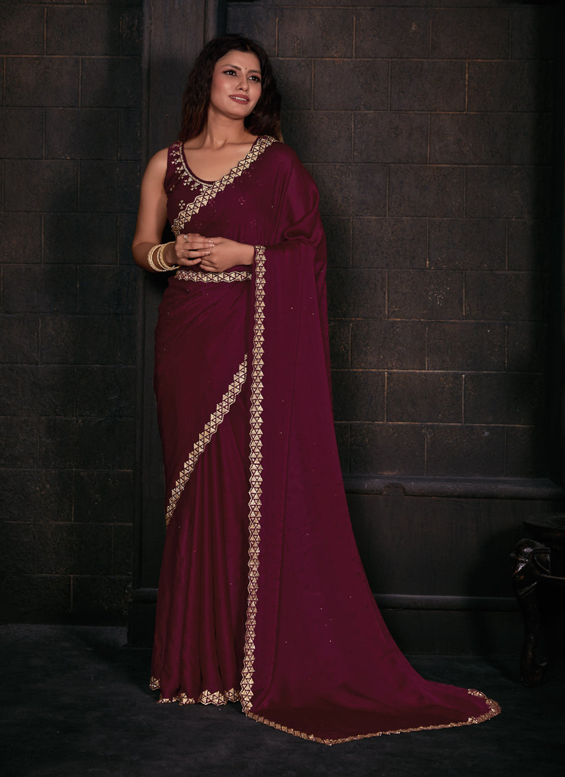 Wine Embellished Satin Georgette Saree