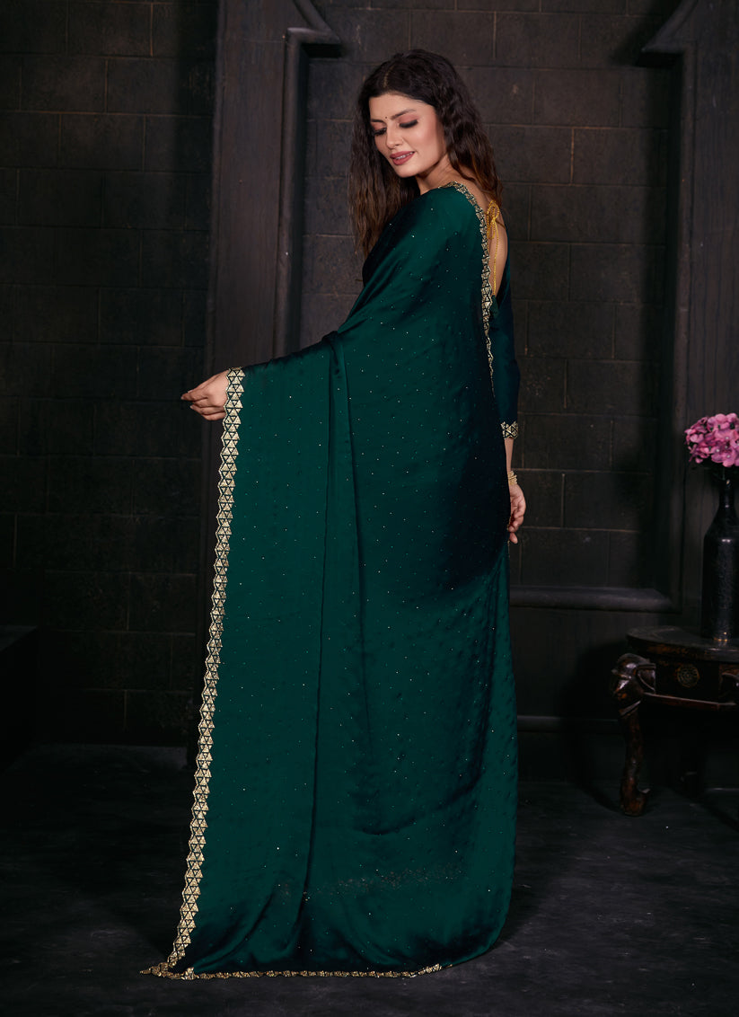 Rama Green Embellished Satin Georgette Saree