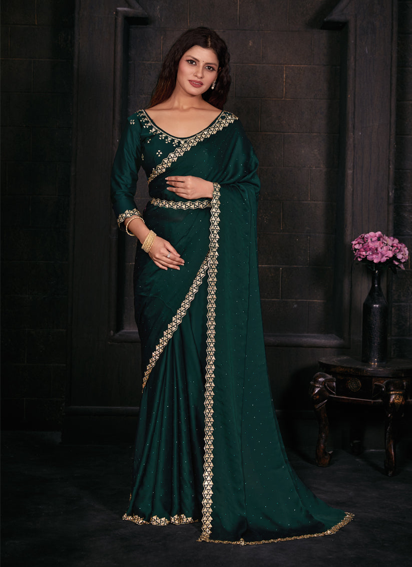 Rama Green Embellished Satin Georgette Saree