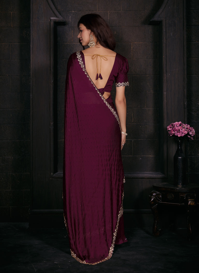 Burgundy Embellished Satin Georgette Saree