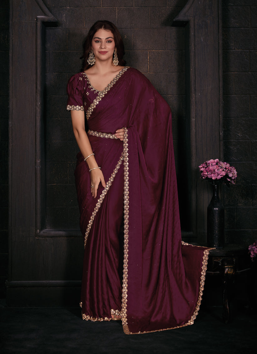 Burgundy Embellished Satin Georgette Saree