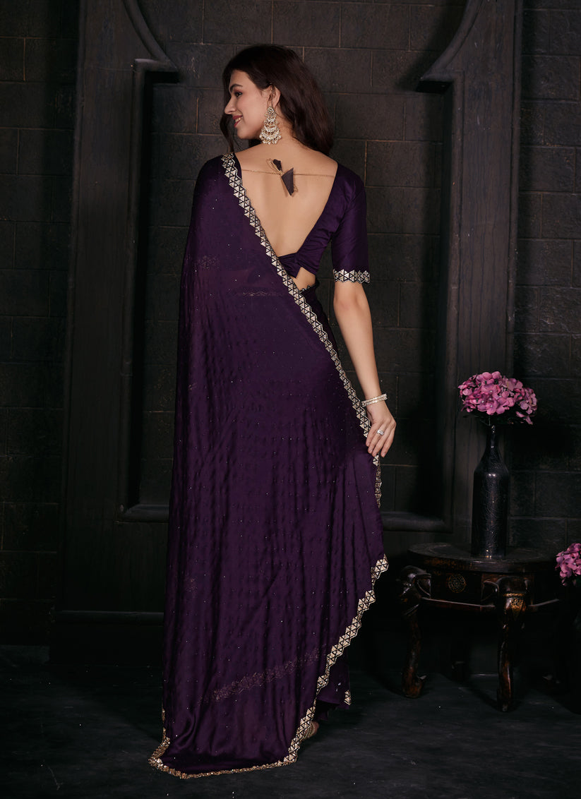 Eggplant Embellished Satin Georgette Saree