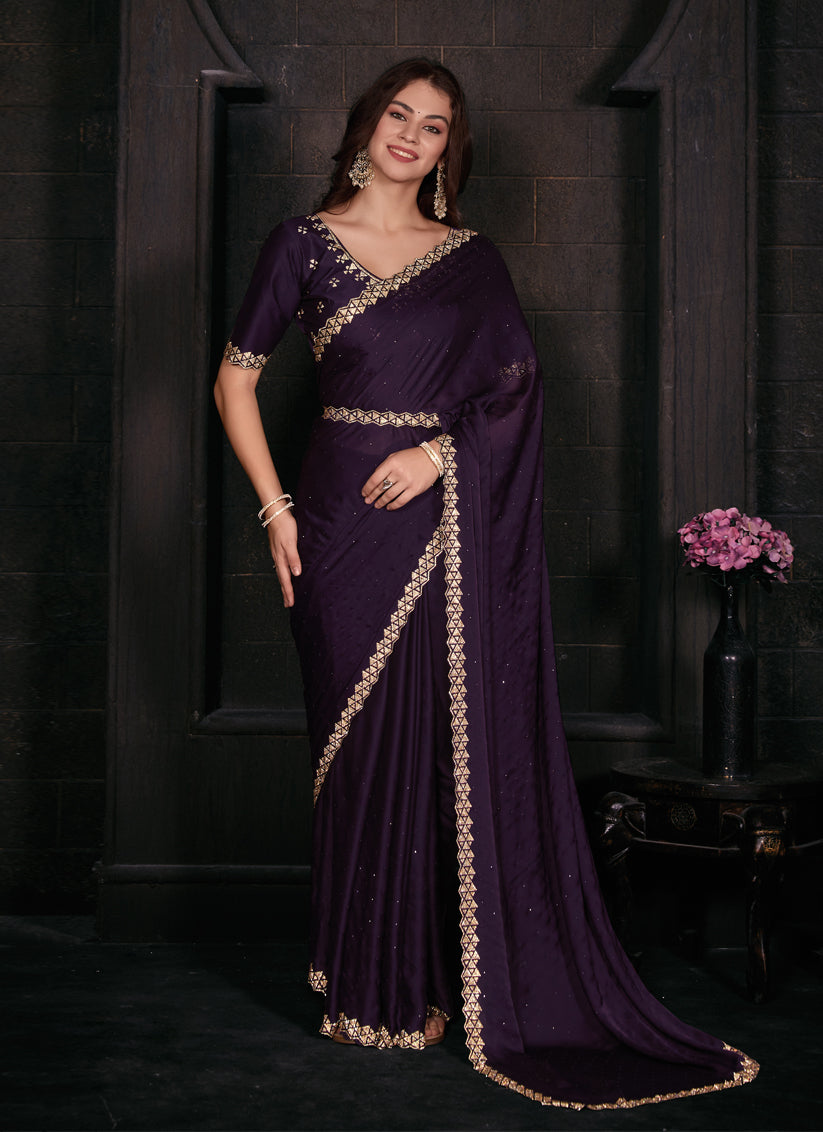 Eggplant Embellished Satin Georgette Saree