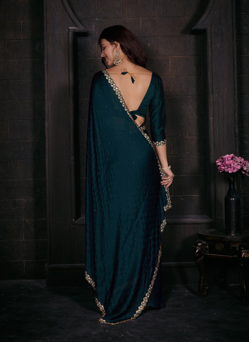 Peacock Blue Embellished Satin Georgette Saree