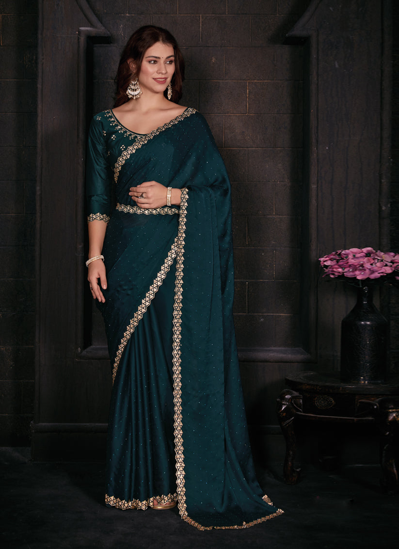 Peacock Blue Embellished Satin Georgette Saree