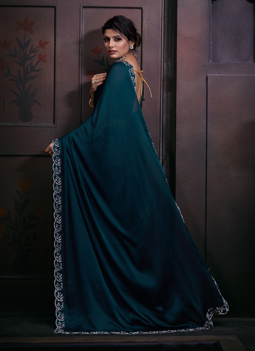 Peacock Blue Embellished Satin Georgette Saree