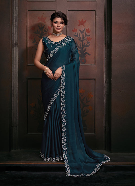 Peacock Blue Embellished Satin Georgette Saree